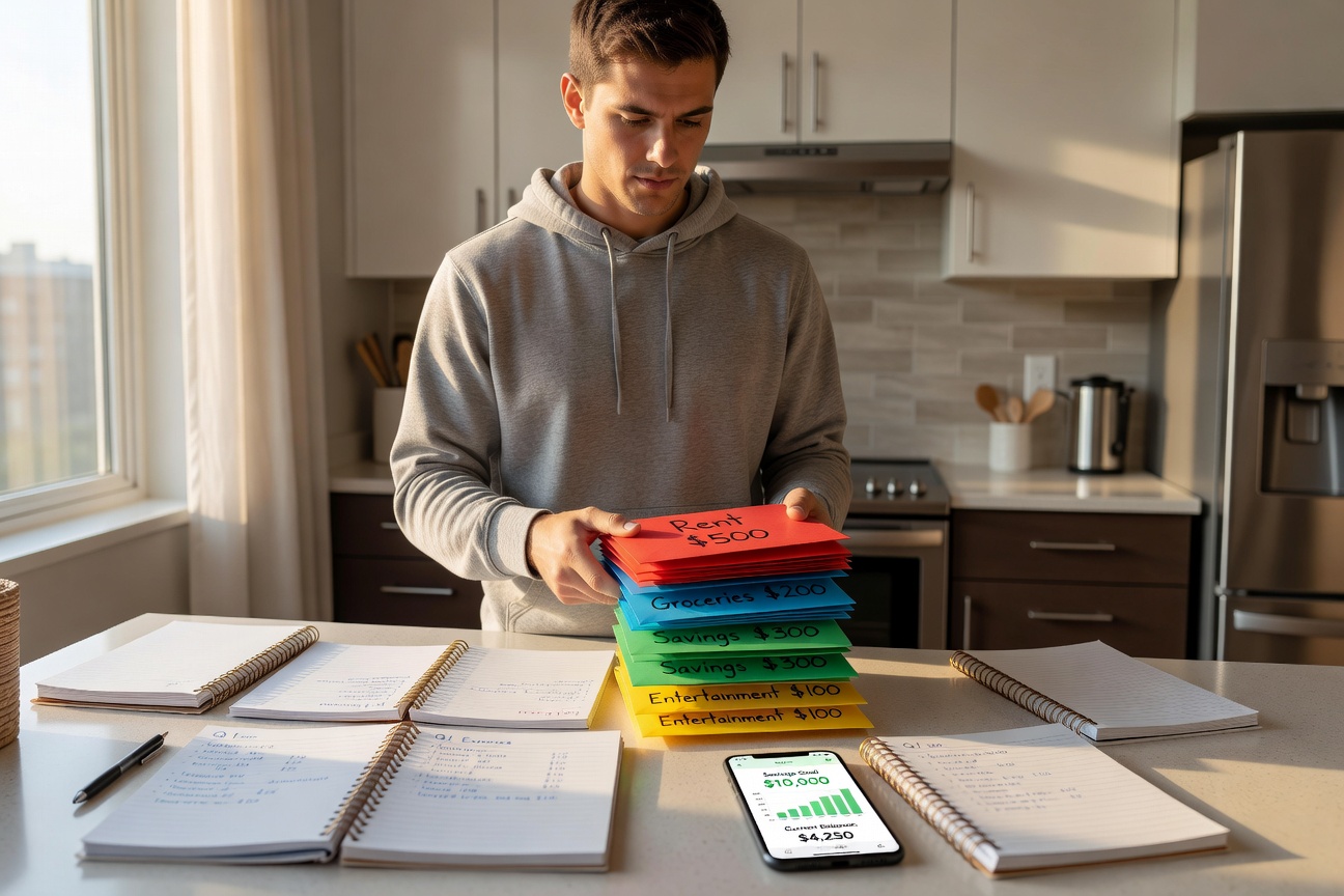Young White man in his early 20s triumphantly holding a stack of cash envelopes in a modern apartment, symbolizing the 100-envelope savings challenge success