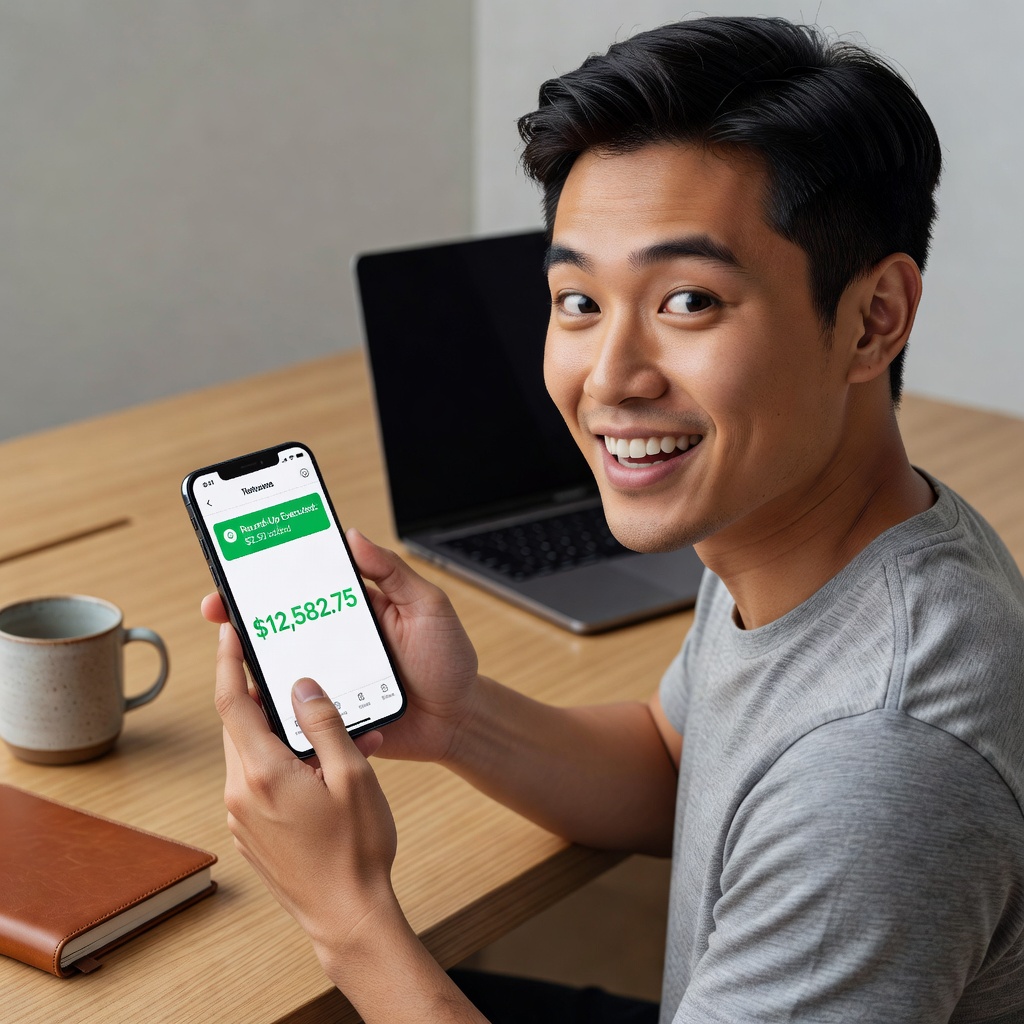 Asian young adult man in casual attire using a savings app on his smartphone, round-up notifications popping up, minimalist desk setup with coffee mug