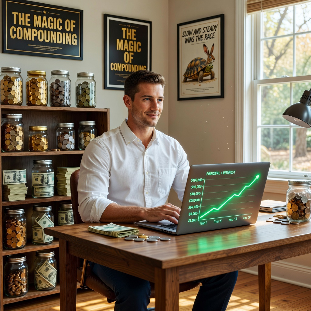 Young White entrepreneur in 20s reviewing compound interest chart on laptop, savings jars in background, confident smile in home office