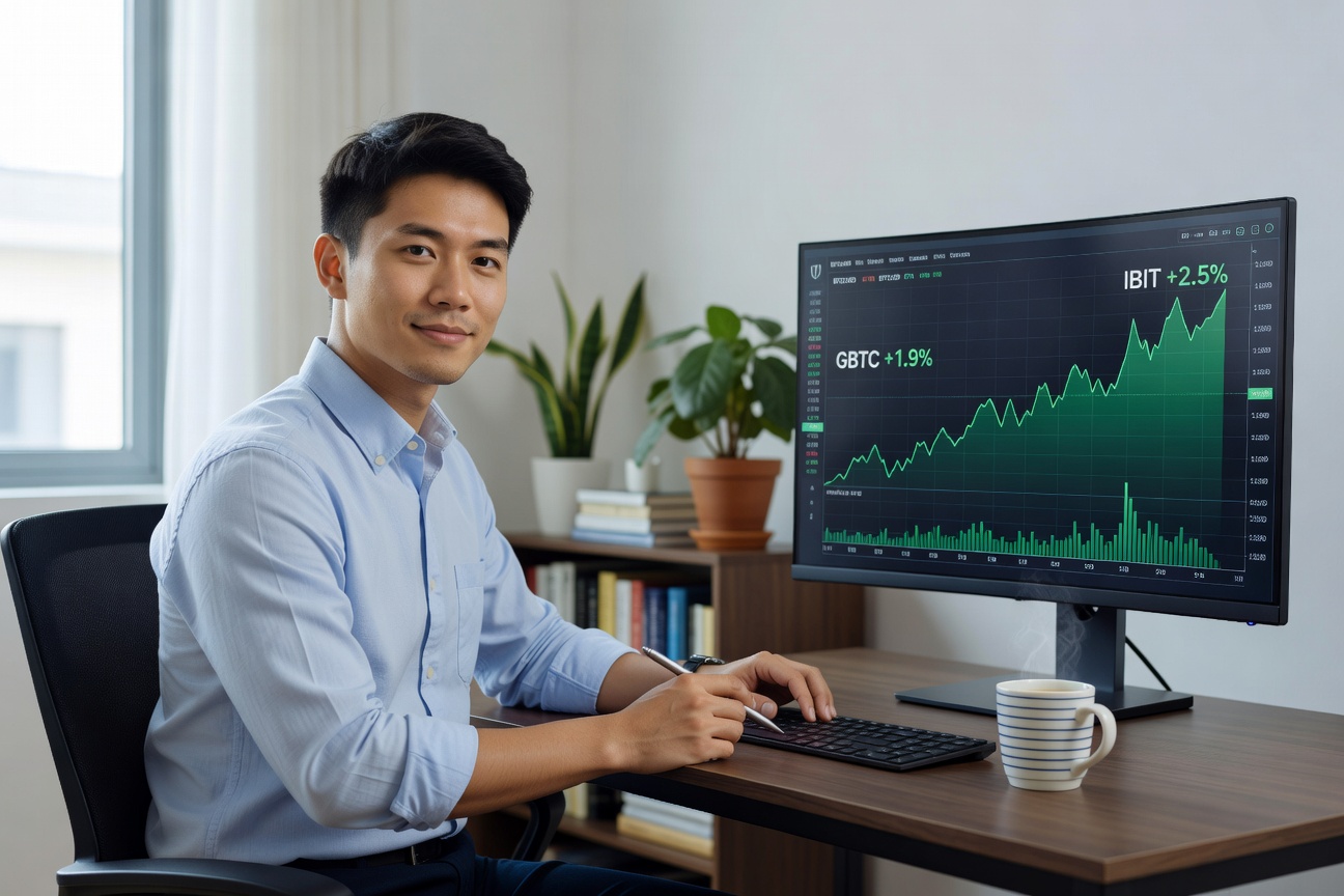 Young Asian man in modern home office analyzing Bitcoin ETF charts on laptop with rising green graphs