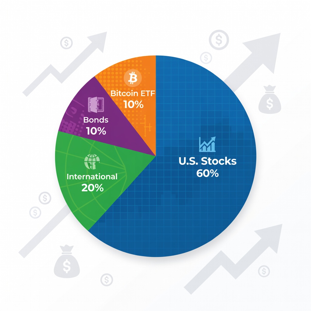 Colorful pie chart illustrating diversified ETF portfolio with stocks, bonds, and crypto slices