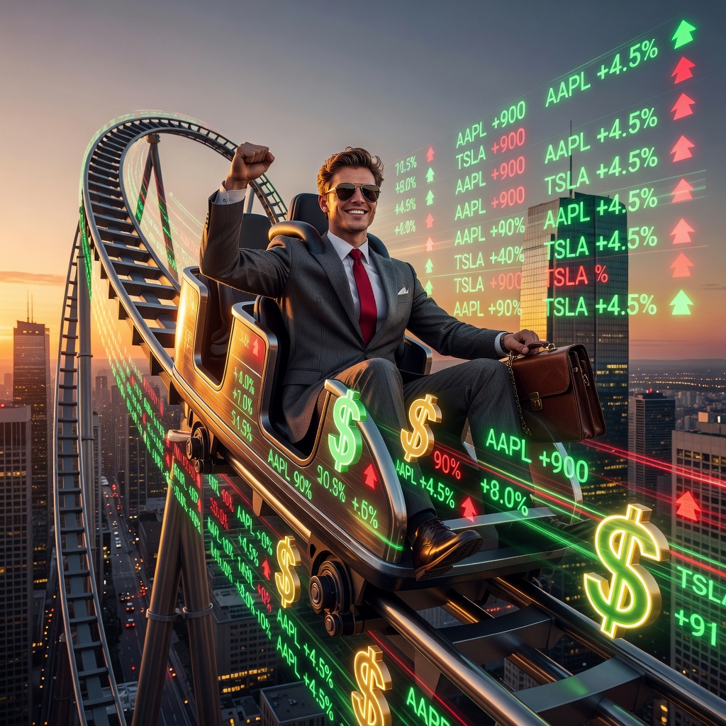 White young man on financial rollercoaster ride with upward arrow trajectory and portfolio growth charts
