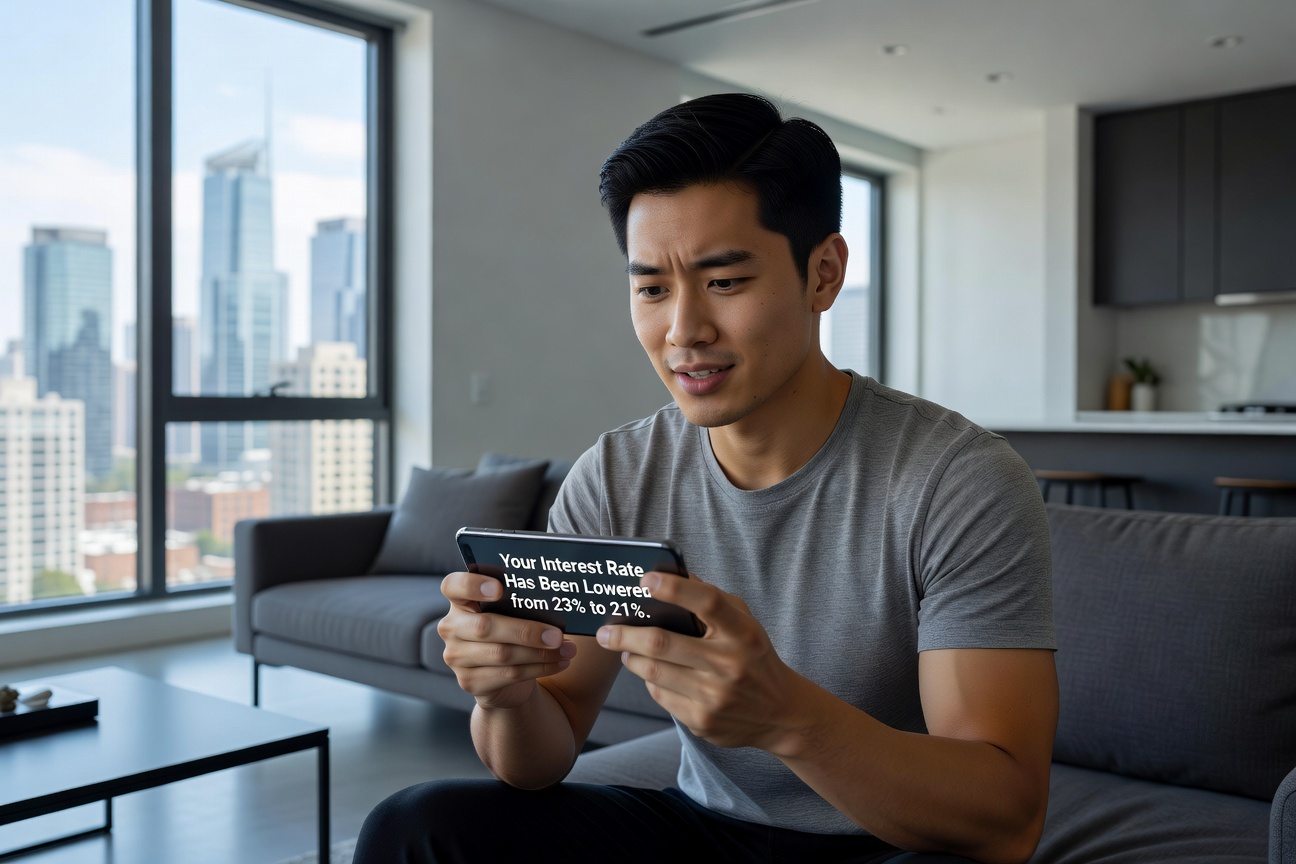 Young Asian man in 20s excitedly checking lower credit card interest rate on phone app amid city skyline