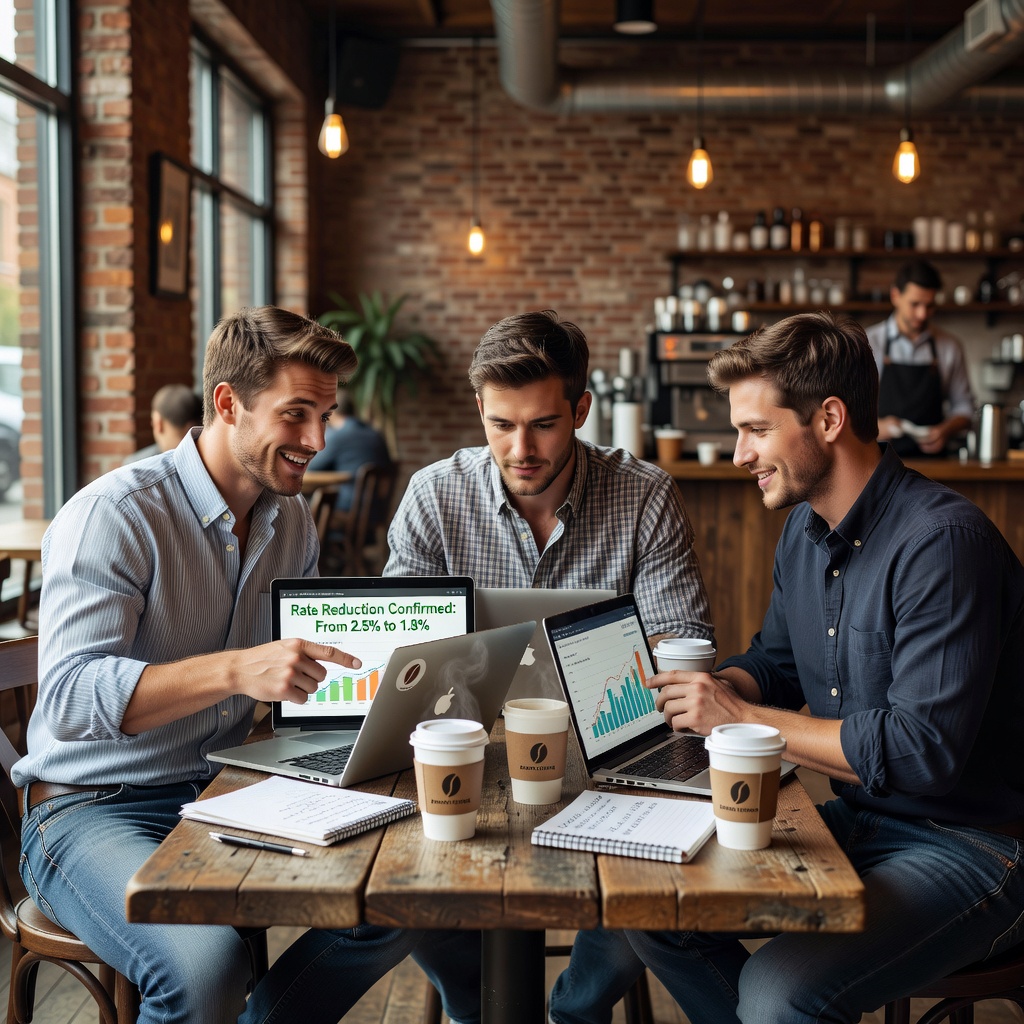 Group of young White men in casual attire analyzing credit card statements and charts on laptops in coffee shop