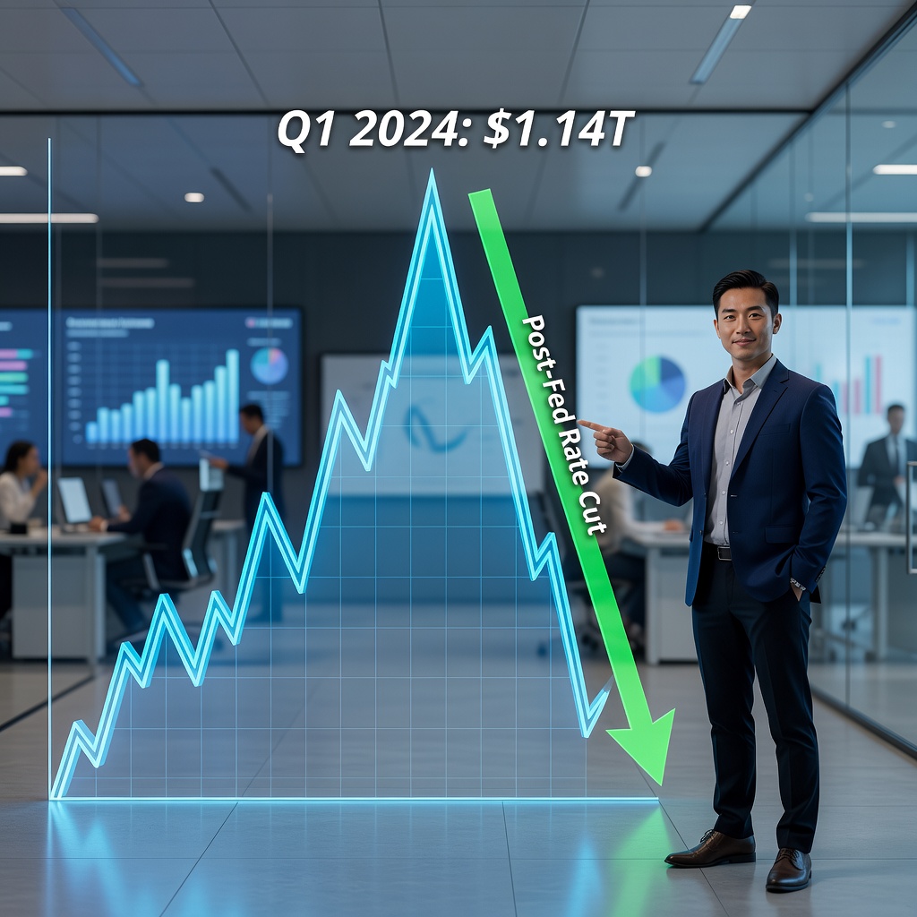 Dynamic chart showing credit card debt peak and post-rate-cut decline, with young Asian professional pointing at green arrow