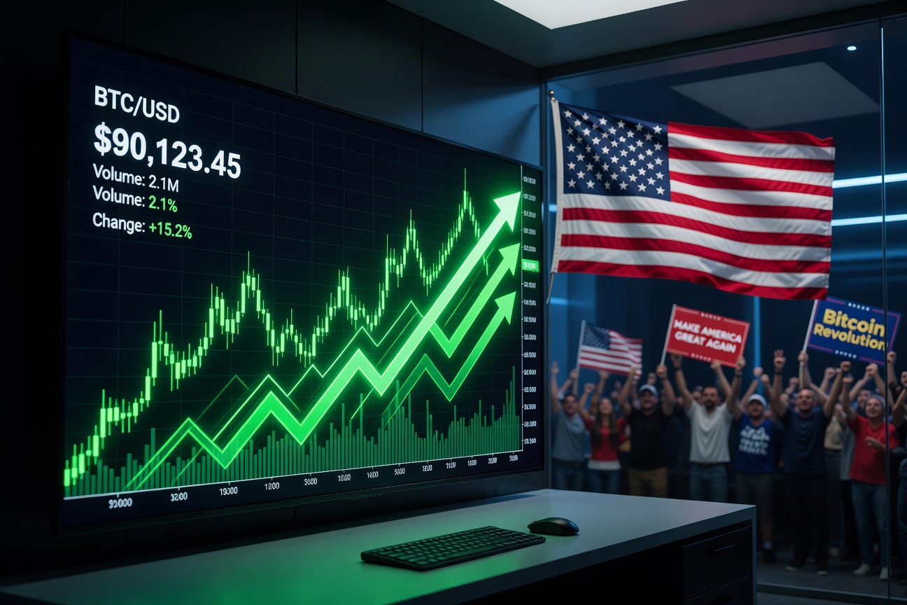 Bitcoin price chart exploding past $90K with Trump rally crowd in background