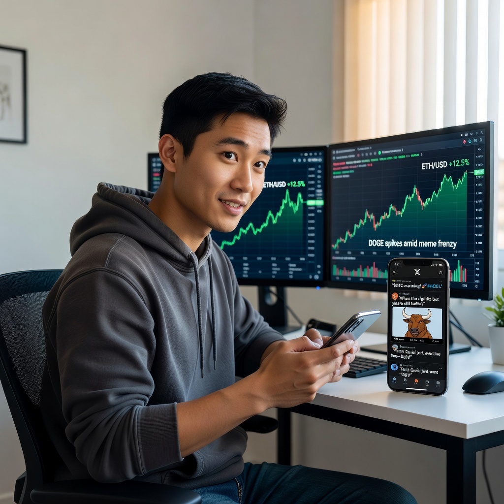 Young Asian man in home office glued to X.com feed of crypto memes and charts on dual monitors