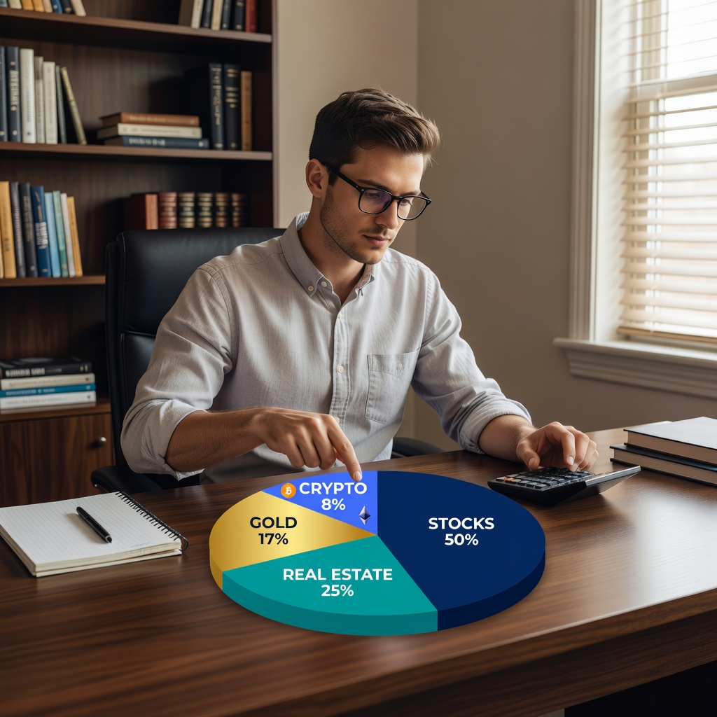 Young White investor reviewing diversified portfolio pie chart with crypto sliver amid stocks and real estate