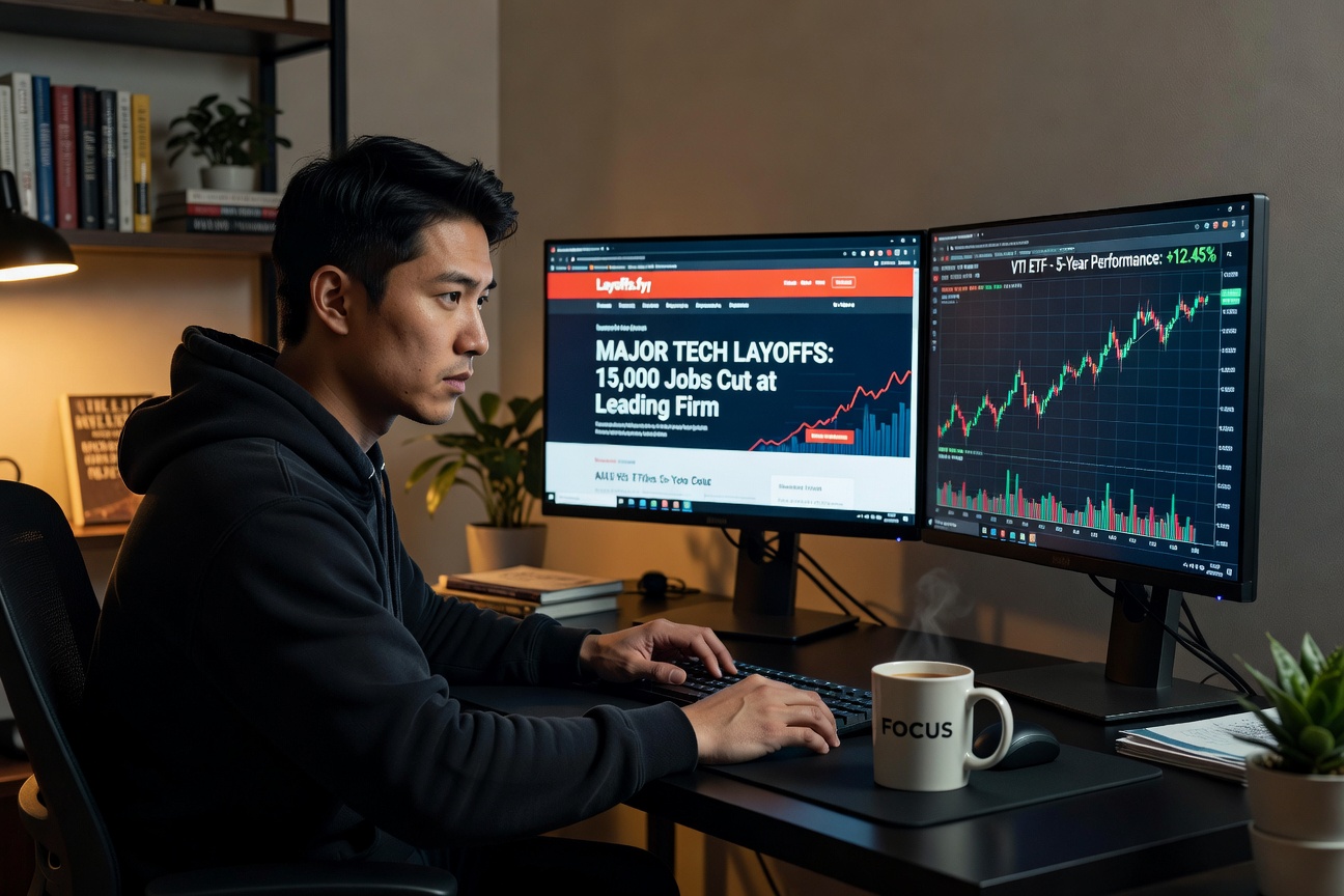 Young Asian man in hoodie staring at laptop screen showing layoff headlines and stock charts, determined expression, modern home office setup