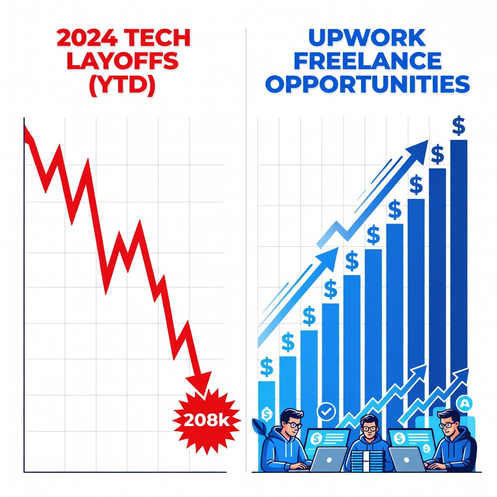 Infographic chart showing tech layoffs YTD 2024 vs rising freelance gigs on Upwork, young White men succeeding in graphs, bold red and blue colors