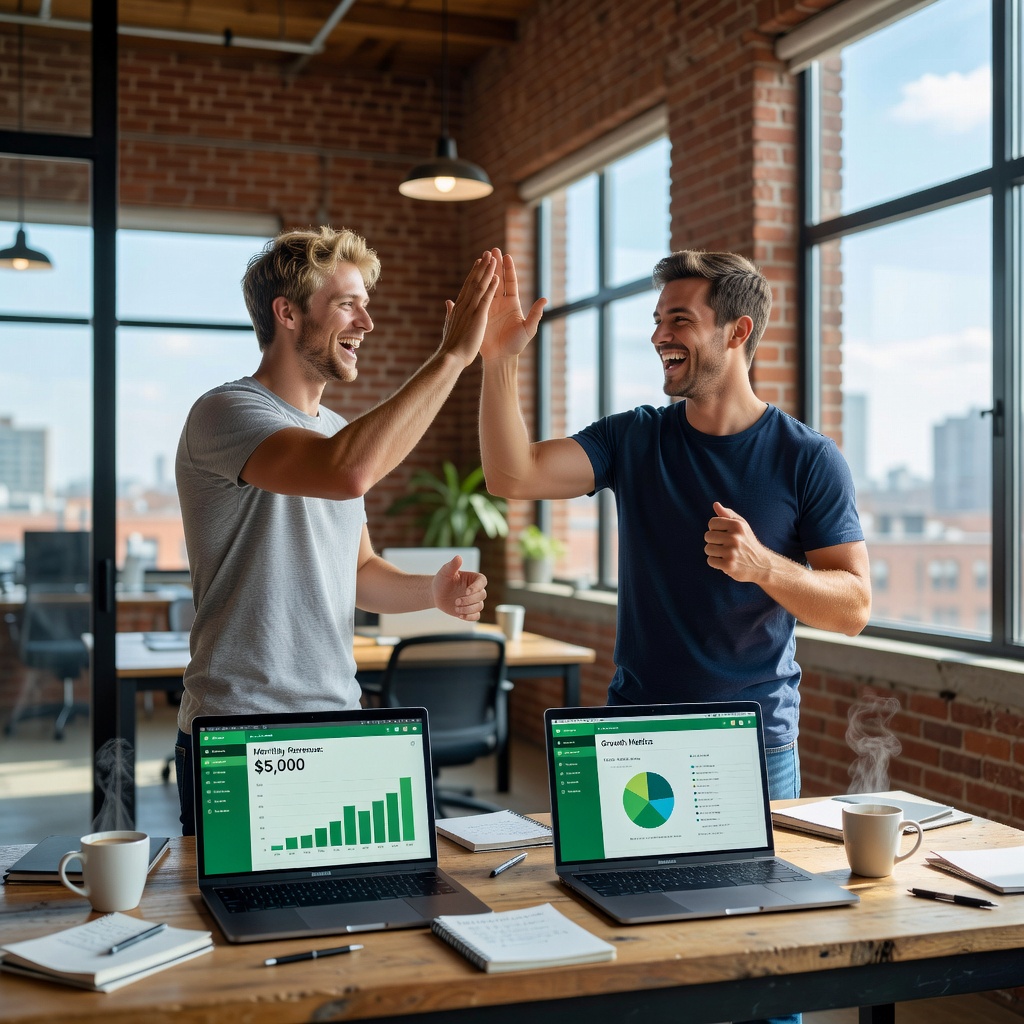 Young White entrepreneur in casual attire high-fiving partner in co-working space, laptops open to revenue dashboards, energetic atmosphere