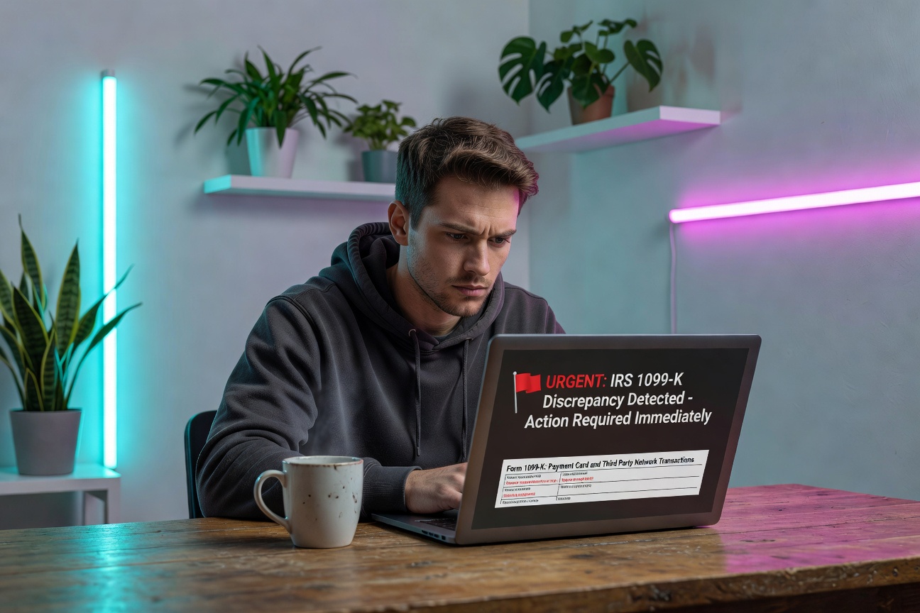 Young white male freelancer staring at tax form on laptop in modern home office