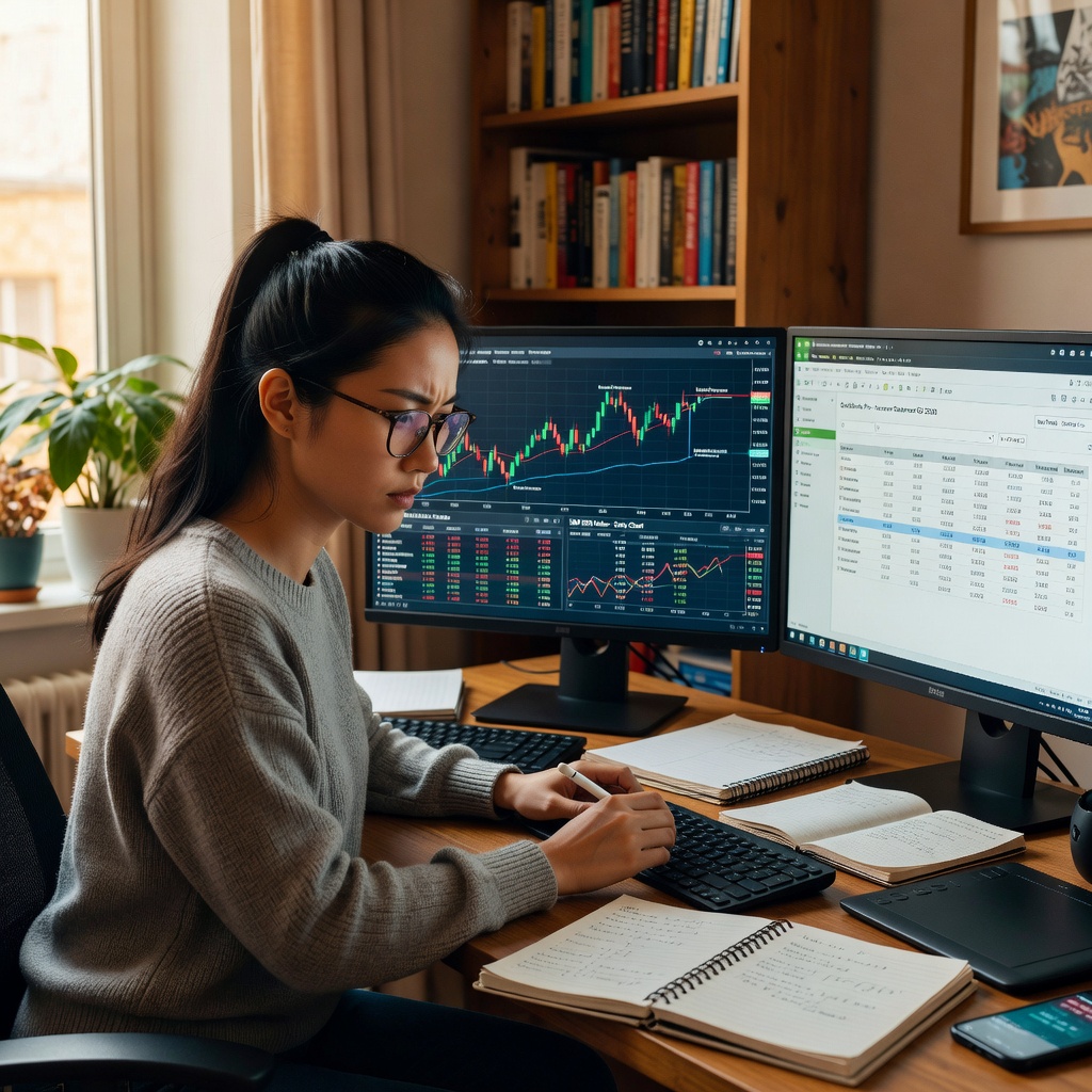 Asian female creator analyzing charts and tax software on dual monitors in cozy workspace