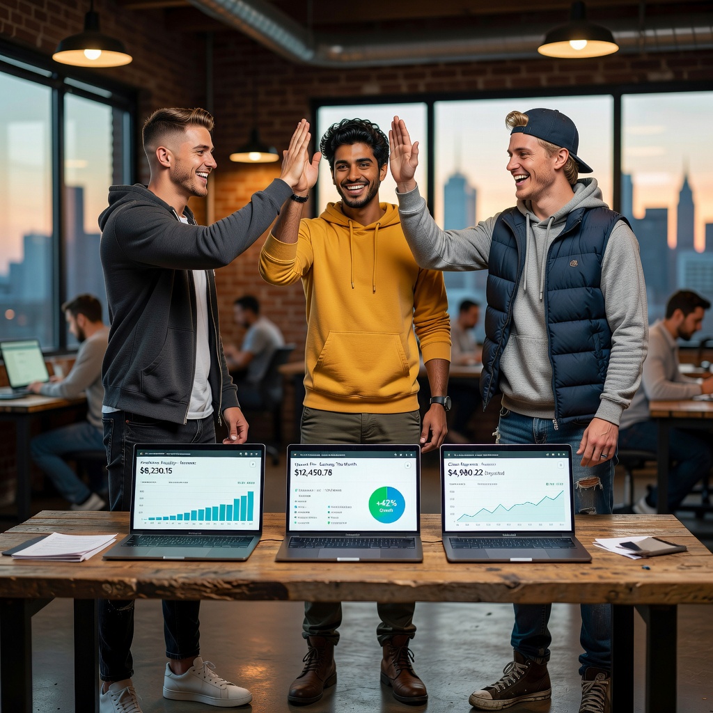 Group of young white and Asian men high-fiving over laptops in vibrant co-working space celebrating freelance wins