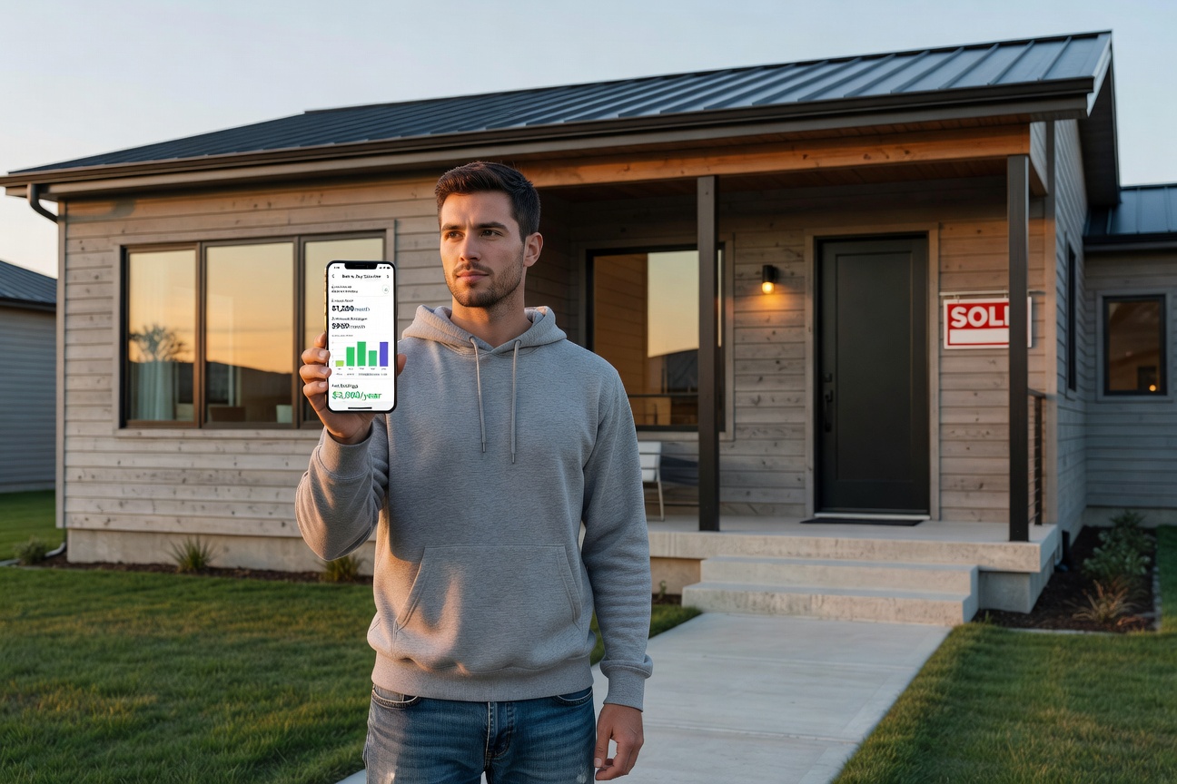 Young White man in his 20s analyzing rent versus buy charts on a laptop outside a modern starter home, thoughtful expression, autumn sunlight