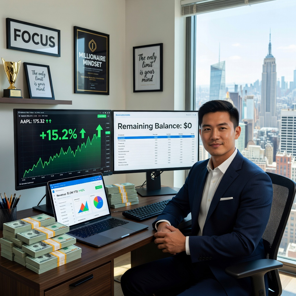 Young Asian man in home office, split-screen laptop showing rising stock graphs versus house keys and mortgage statement, focused and determined