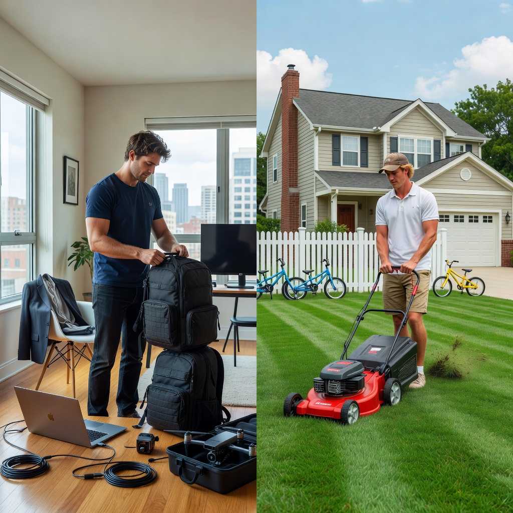 Young White couple in 30s inside minimalist condo, one packing startup gear for travel, other reviewing home blueprints, modern interior