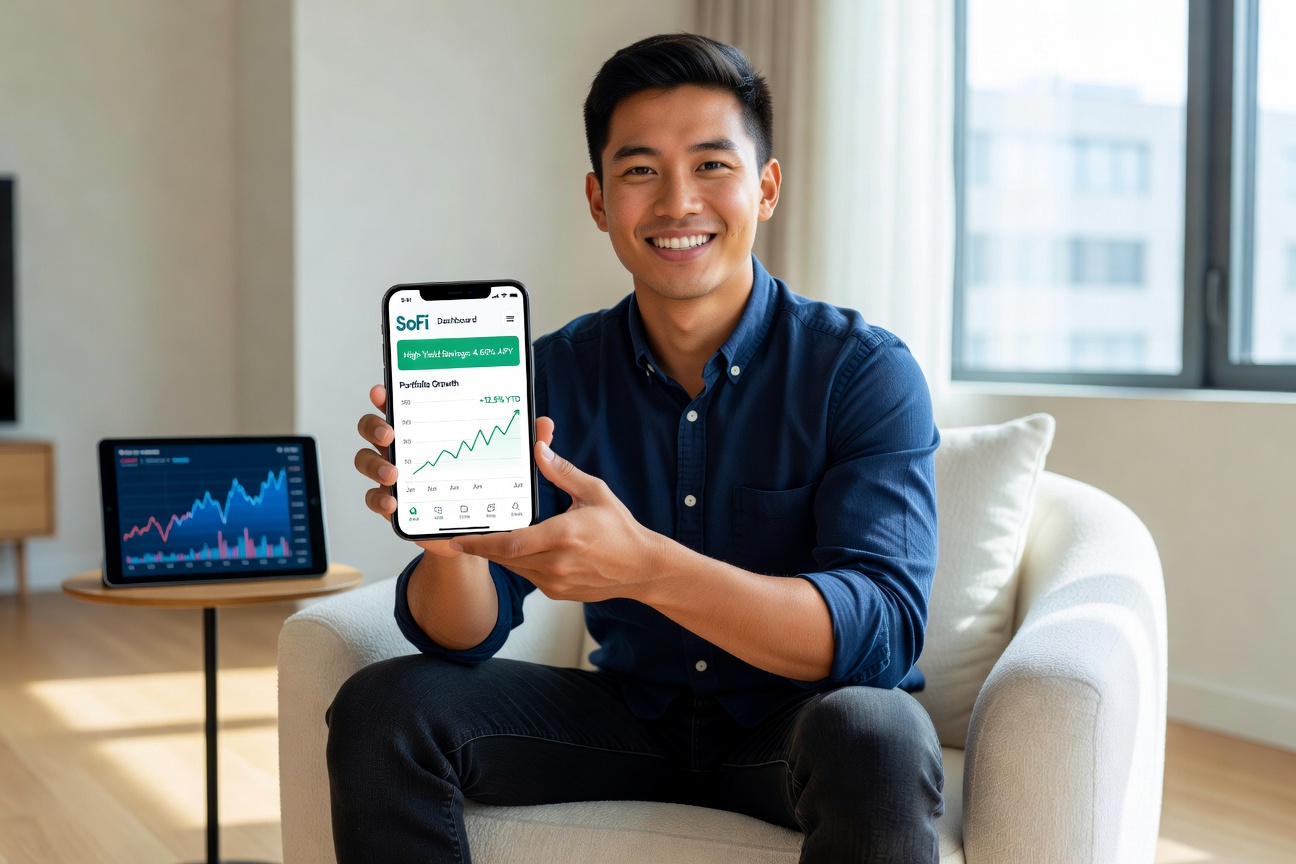 Young Asian man in modern apartment confidently using SoFi app on smartphone, dashboard showing high APY savings and stock gains