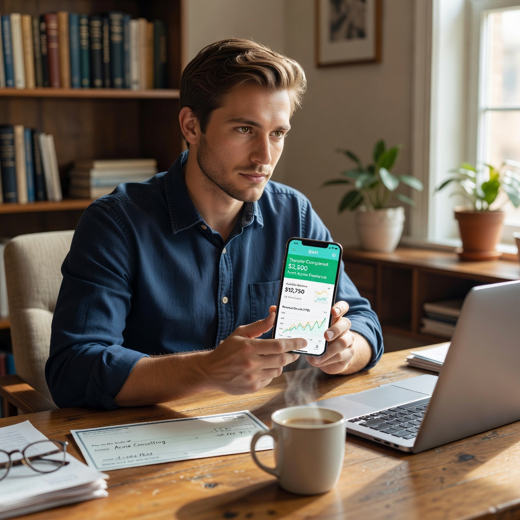 Young White male entrepreneur at desk depositing freelance check via SoFi app, growth charts visible