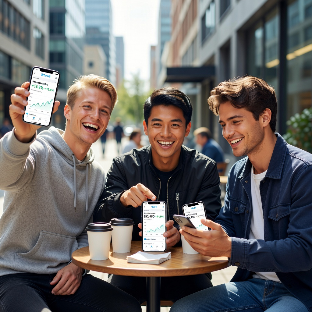 Group of young White and Asian men discussing SoFi investments on phones around a table