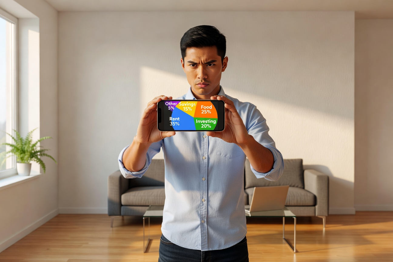 Young Asian man filming TikTok video on loud budgeting with budget chart overlay