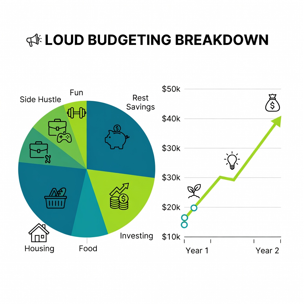 Infographic breaking down loud budgeting categories with savings growth chart
