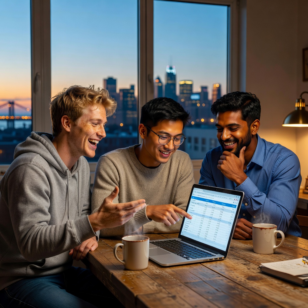 Group of young White and Asian men discussing budgets around a laptop in a home office