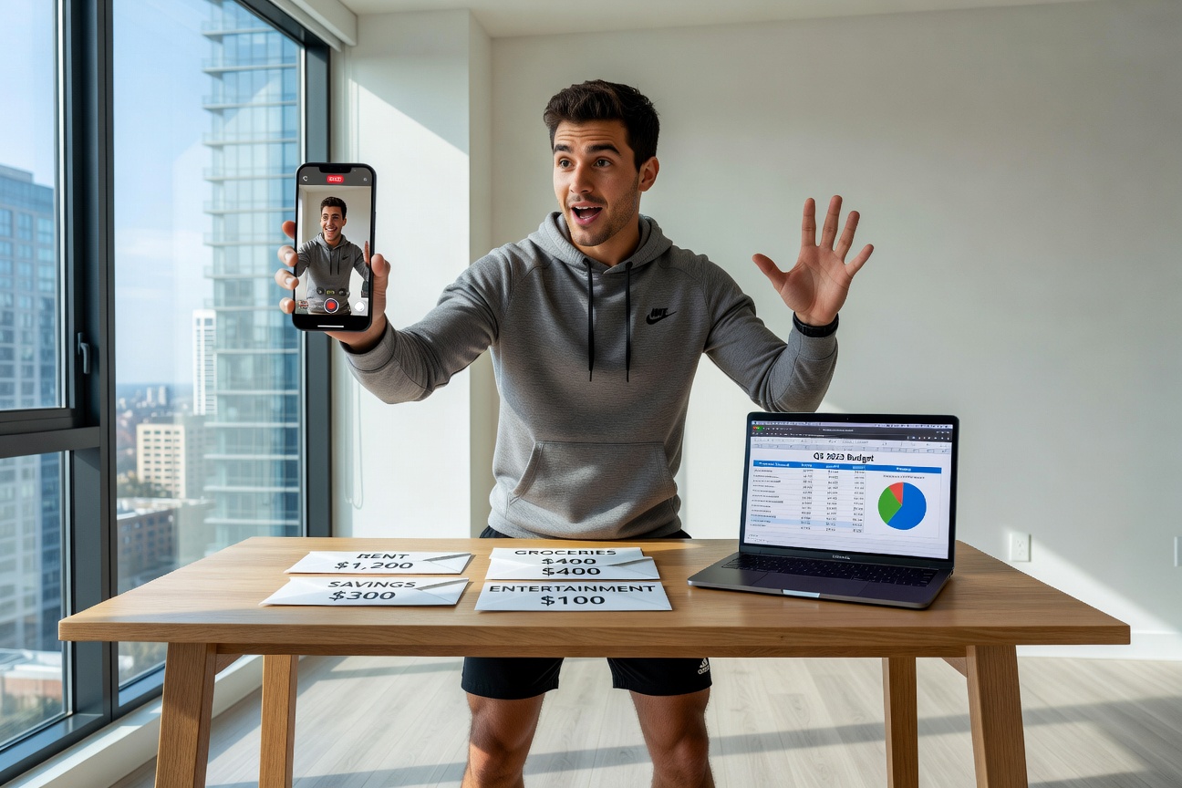 Young White man creating loud budgeting TikTok video on smartphone