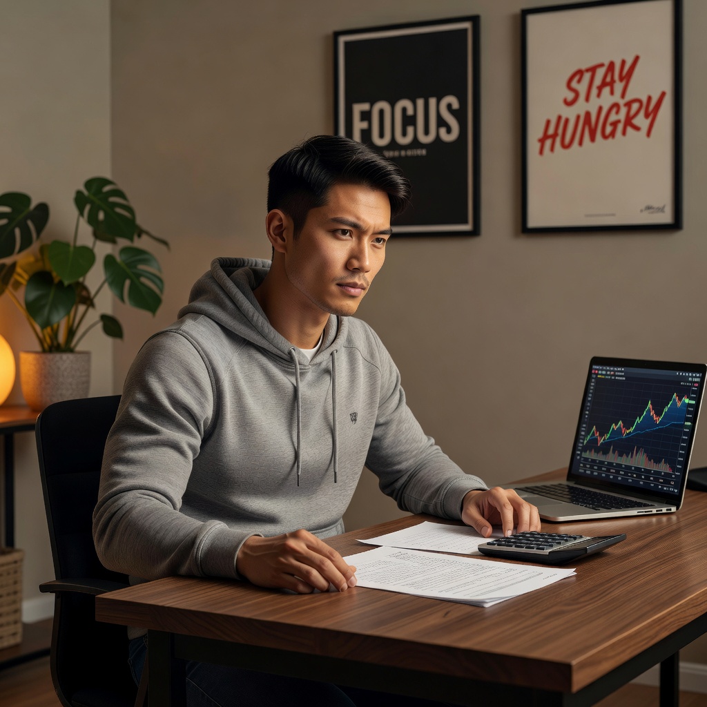 Young Asian entrepreneur reviewing budget before investing in stocks