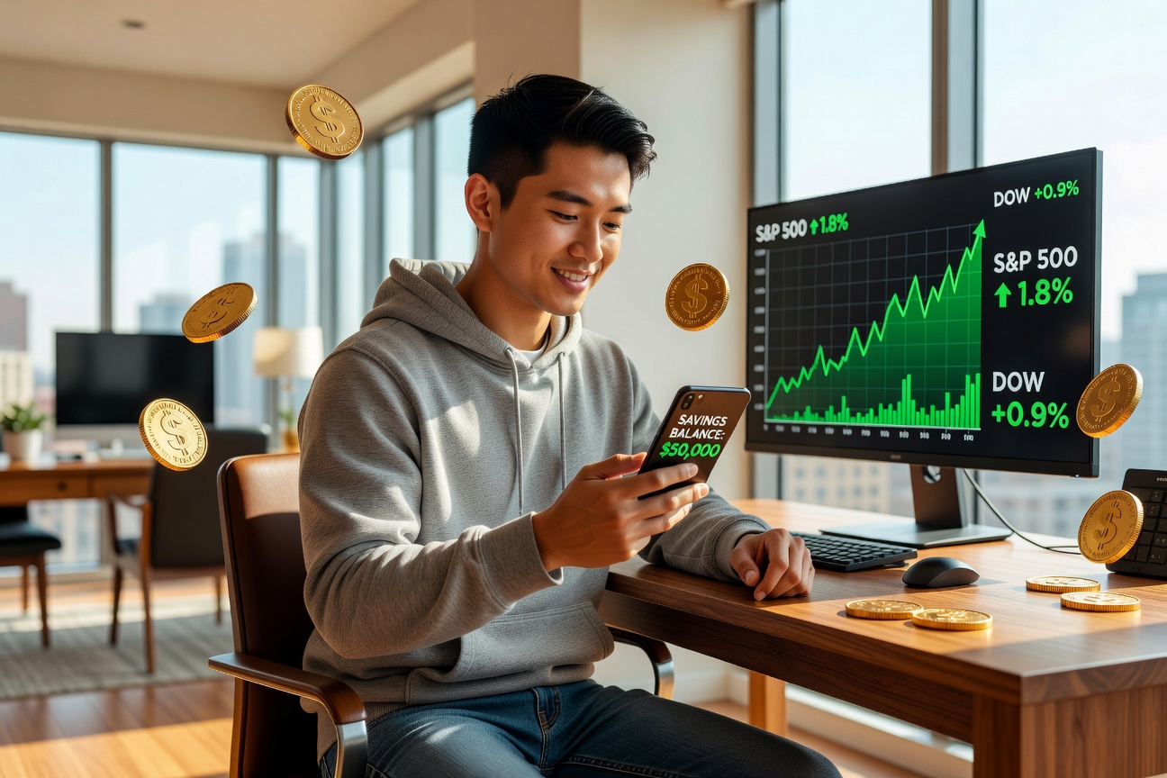 Young Asian man in casual hoodie triumphantly checking rising savings balance on his smartphone amid floating dollar coins and graphs showing inflation decline.
