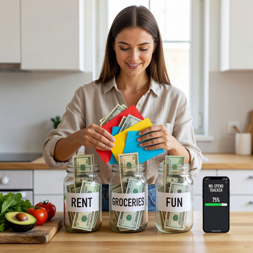 White Gen Z woman in modern kitchen envelope-stuffing cash into labeled jars for rent, groceries, fun, with smartphone showing no-spend tracker app.