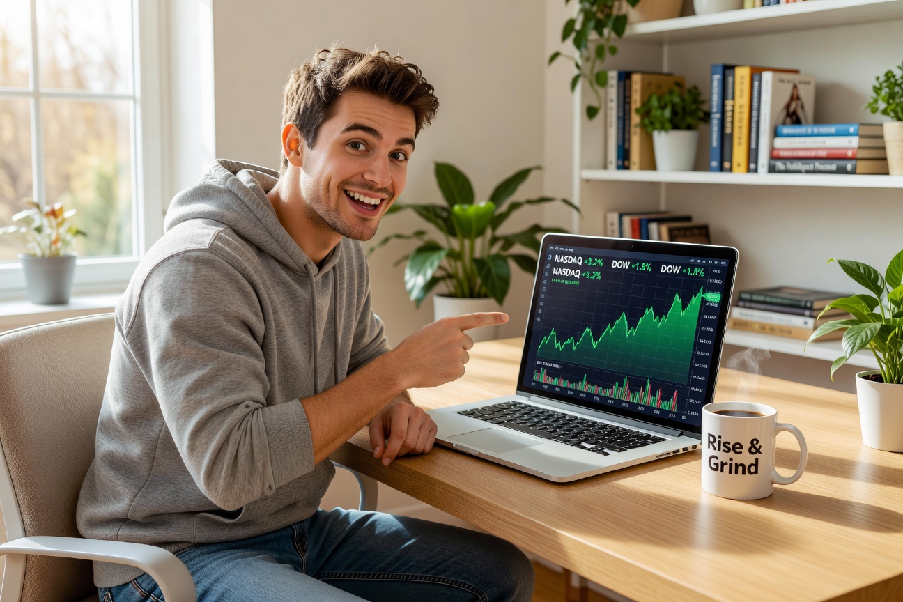Young White man in casual attire excitedly reviewing stock charts on a laptop in a modern home office, symbolizing opportunity from the Fed rate cut
