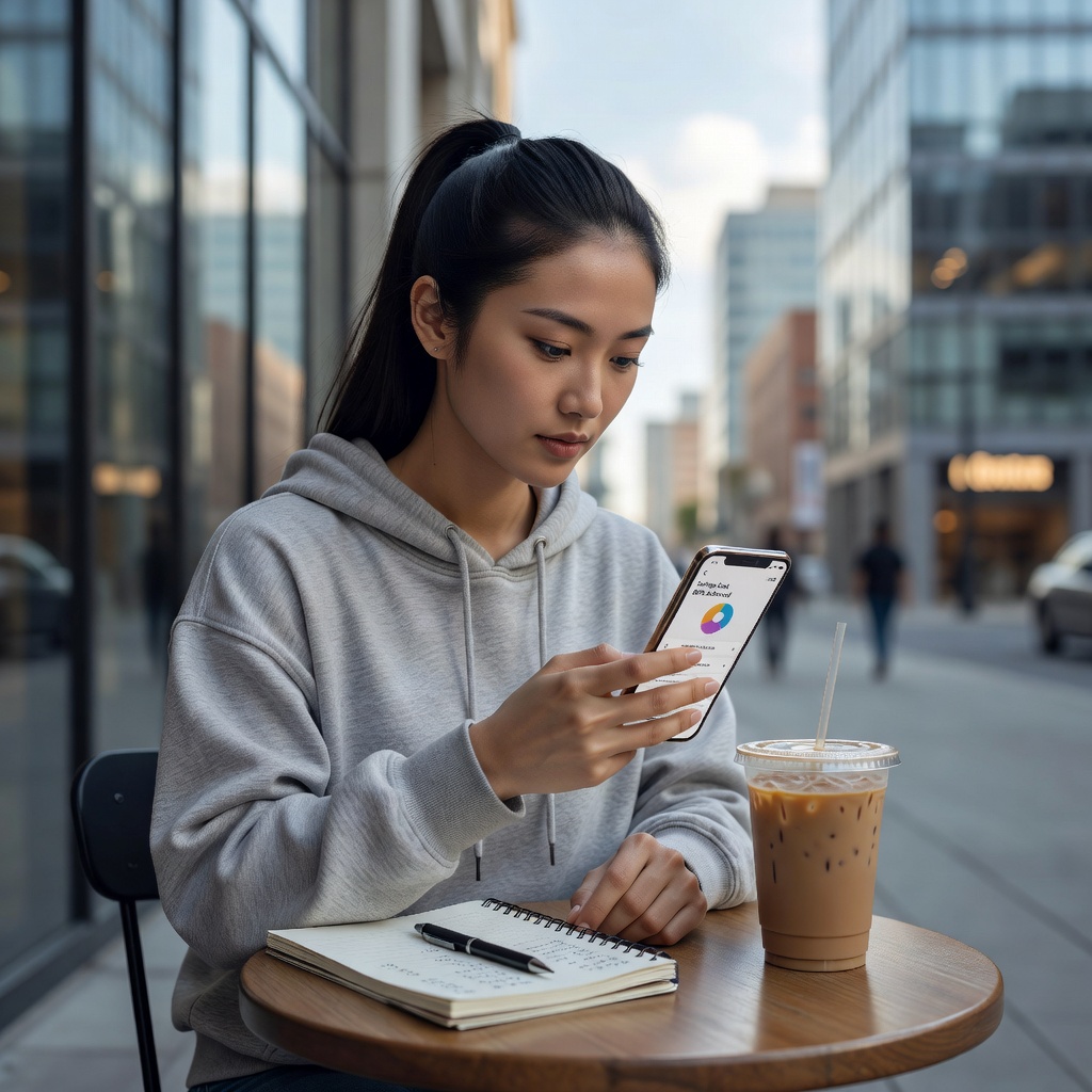 Asian woman in her 20s using a budgeting app on her smartphone while sitting at a coffee shop table with coffee and notebook, focused and empowered
