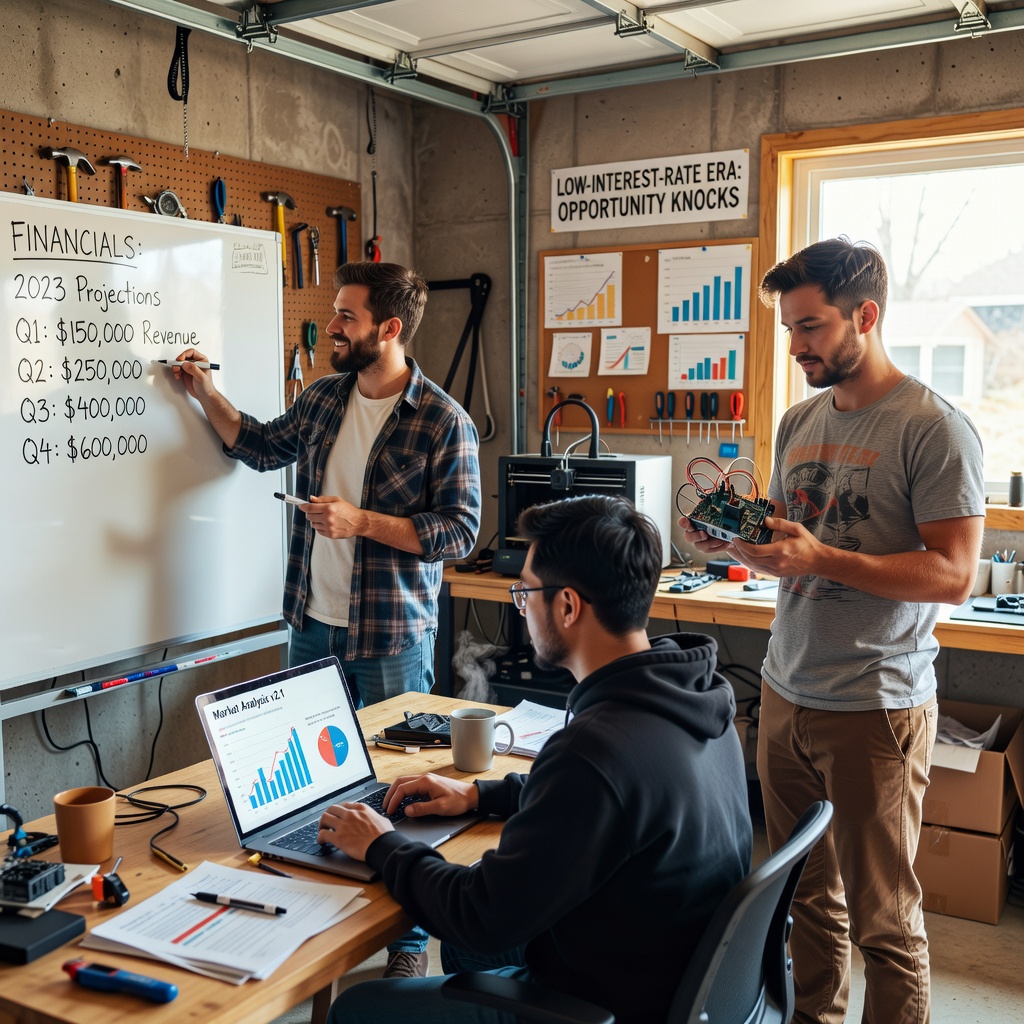 Group of young White and Asian men in a garage workshop brainstorming a startup idea around a whiteboard with financial charts and laptops