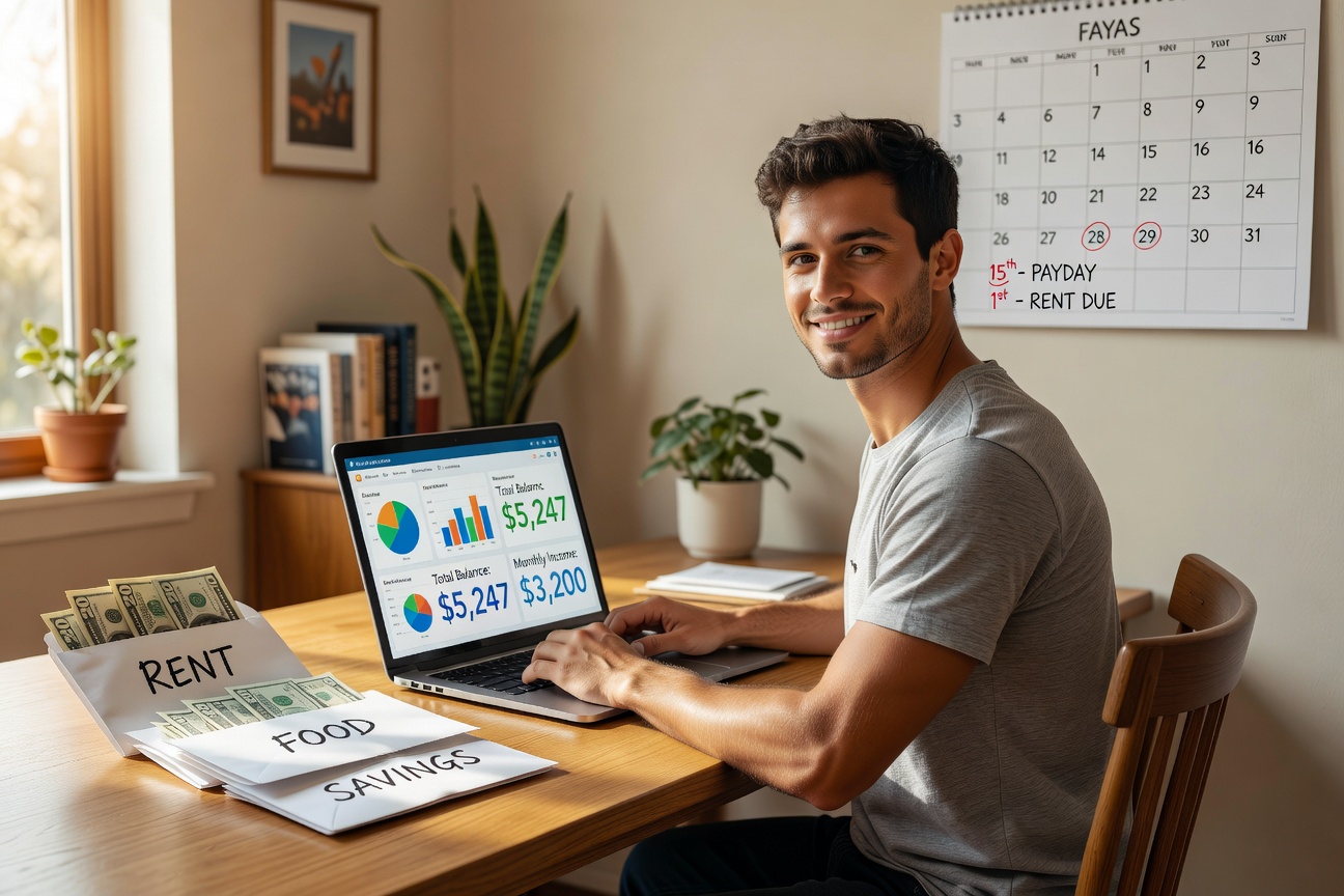 Young white man smiling confidently at a laptop showing a balanced budget dashboard, surrounded by organized cash envelopes and a calendar marked with income dates