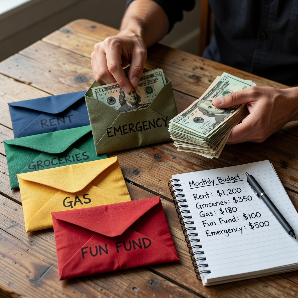 Close-up of hands stuffing cash into labeled envelopes for rent, food, fun, and savings, on a wooden table with a notepad listing expenses