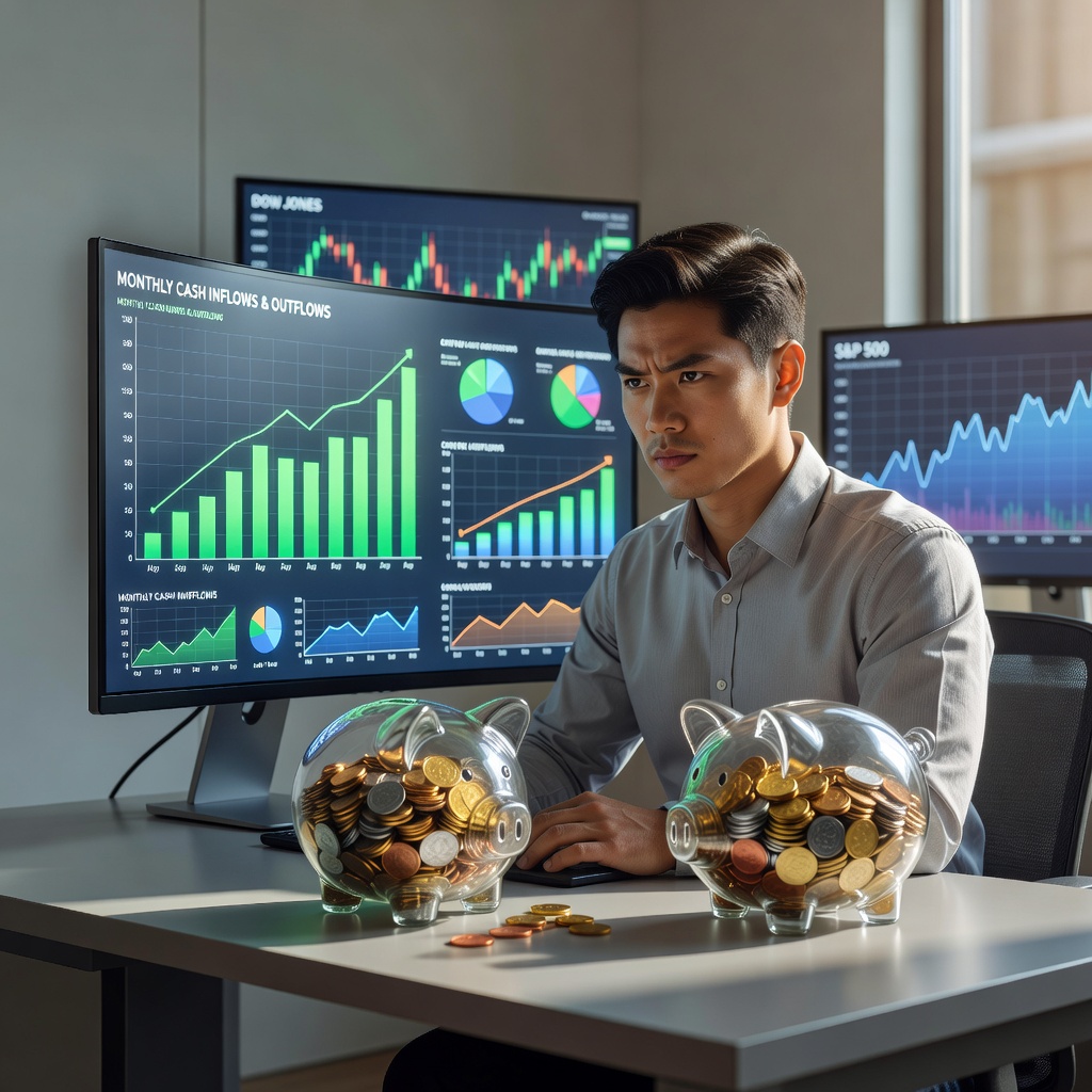 Young Asian man at desk analyzing cash flow chart on screen, with piggy bank and stock charts in background, looking determined