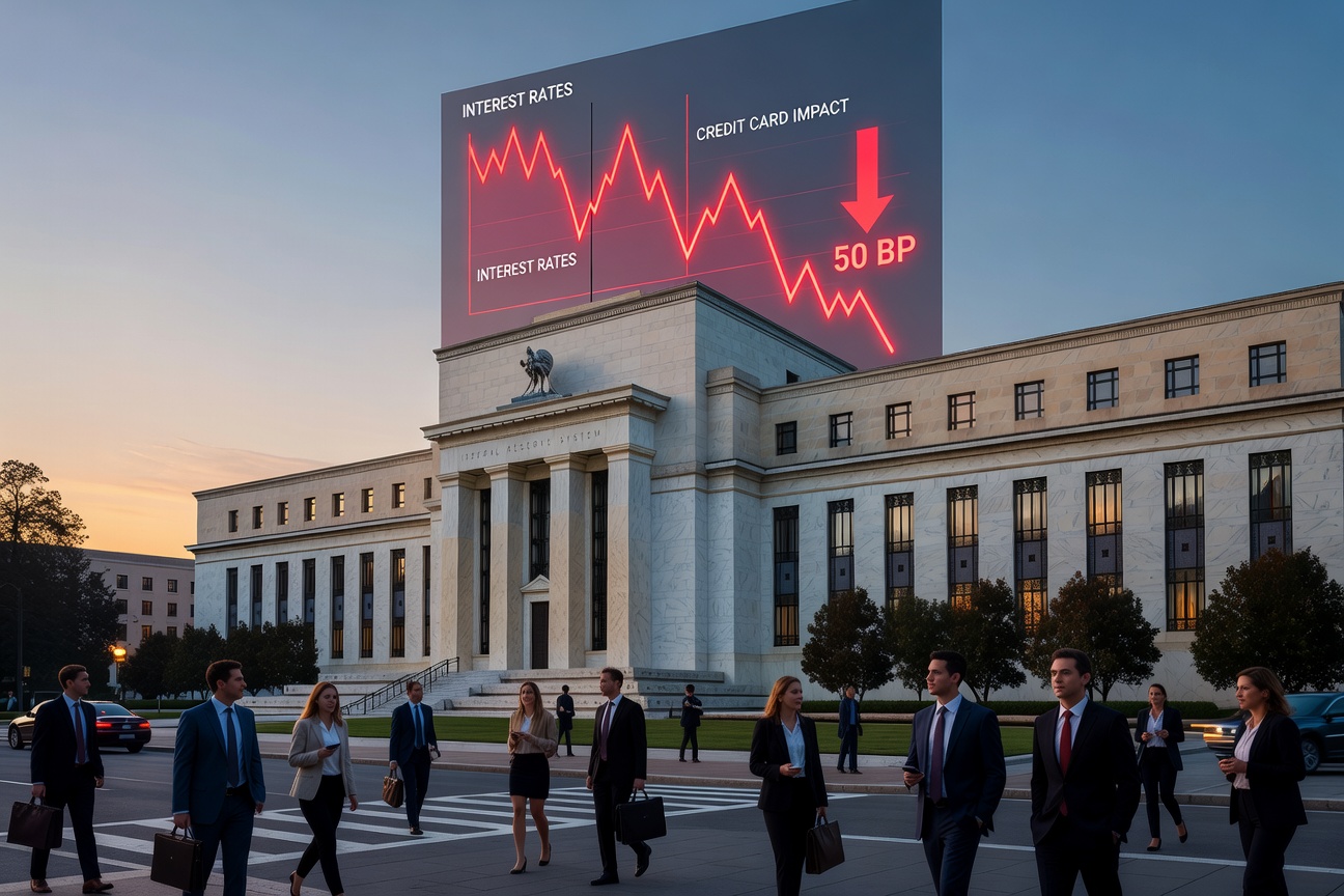 Federal Reserve headquarters with overlay graph showing 50 basis point rate cut impacting consumer credit card interest rates downward