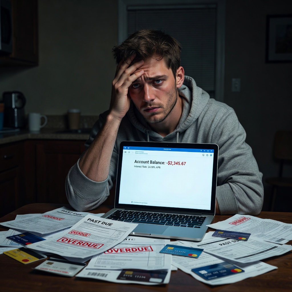 Stressed young White man in his 20s hunched over laptop in dimly lit apartment, surrounded by credit card bills and phone notifications about high APRs
