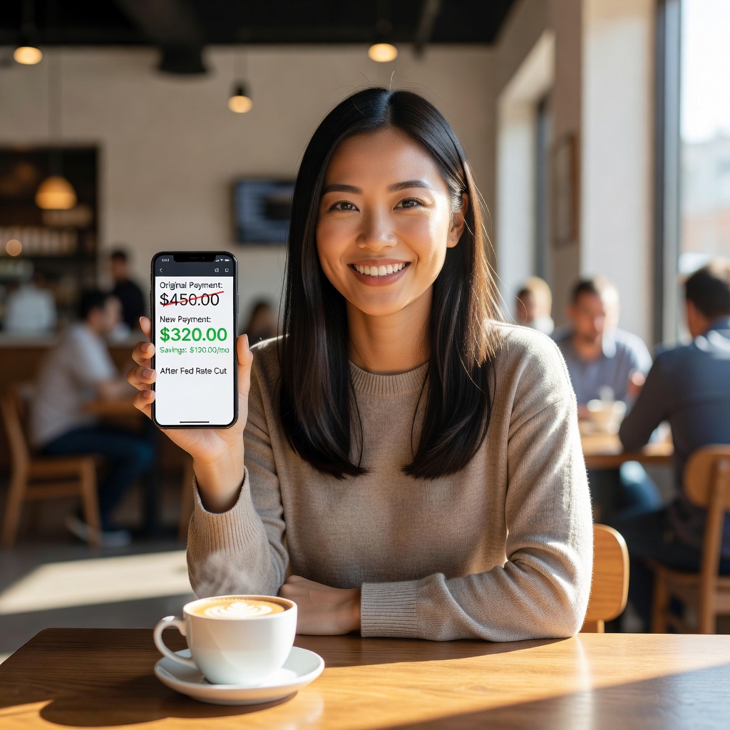 Relieved young Asian woman in her late 20s smiling at smartphone displaying credit app with reduced interest payment calculator, coffee shop background