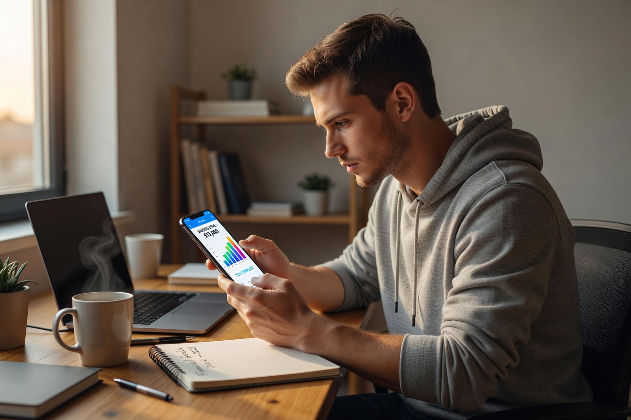 Young White man in casual hoodie staring at smartphone savings app dashboard glowing with progress charts, cluttered desk with coffee mug and notebook
