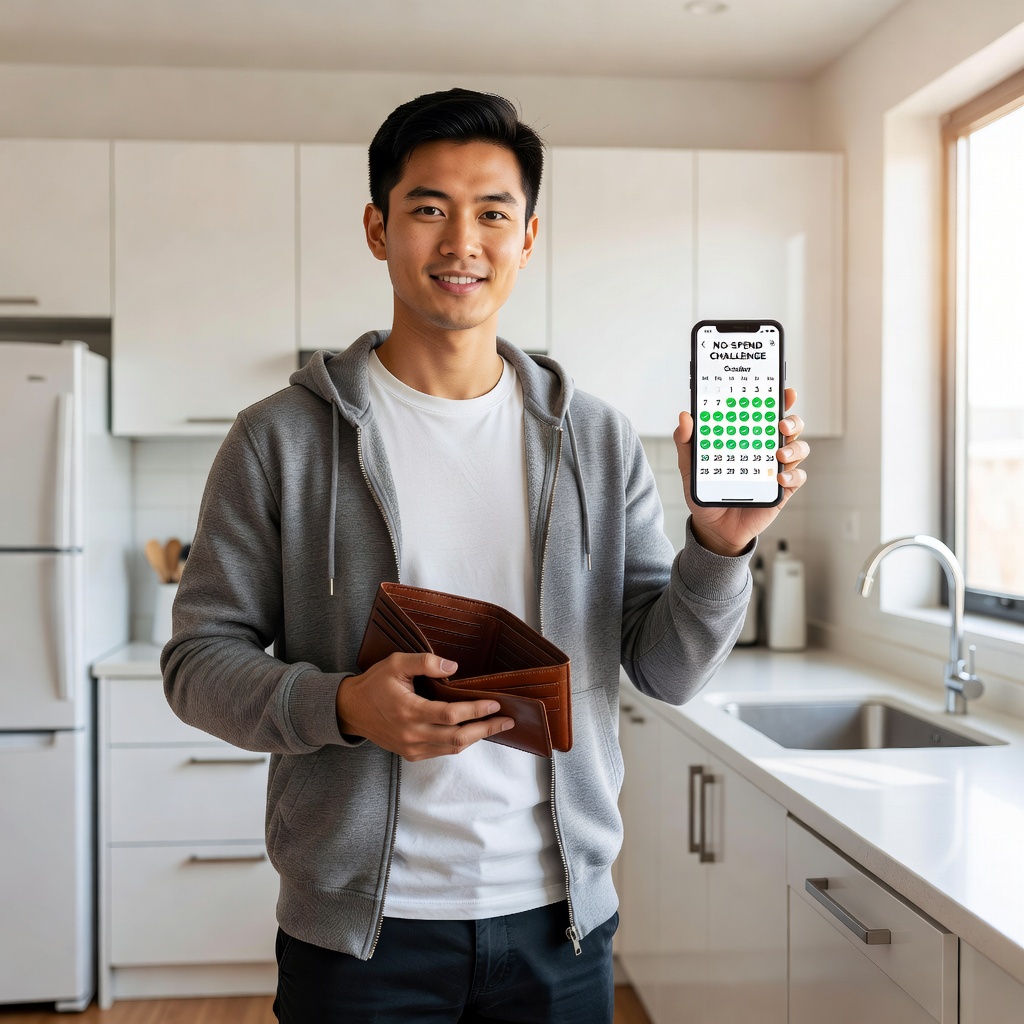 Young Asian man in modern apartment holding empty wallet transitioning to phone screen with no-spend challenge calendar, minimalist background