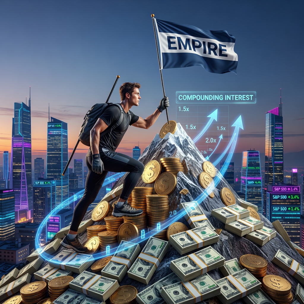 Infographic-style image of young White entrepreneur climbing money mountain made of stacked coins, compounding interest arrows, city skyline background