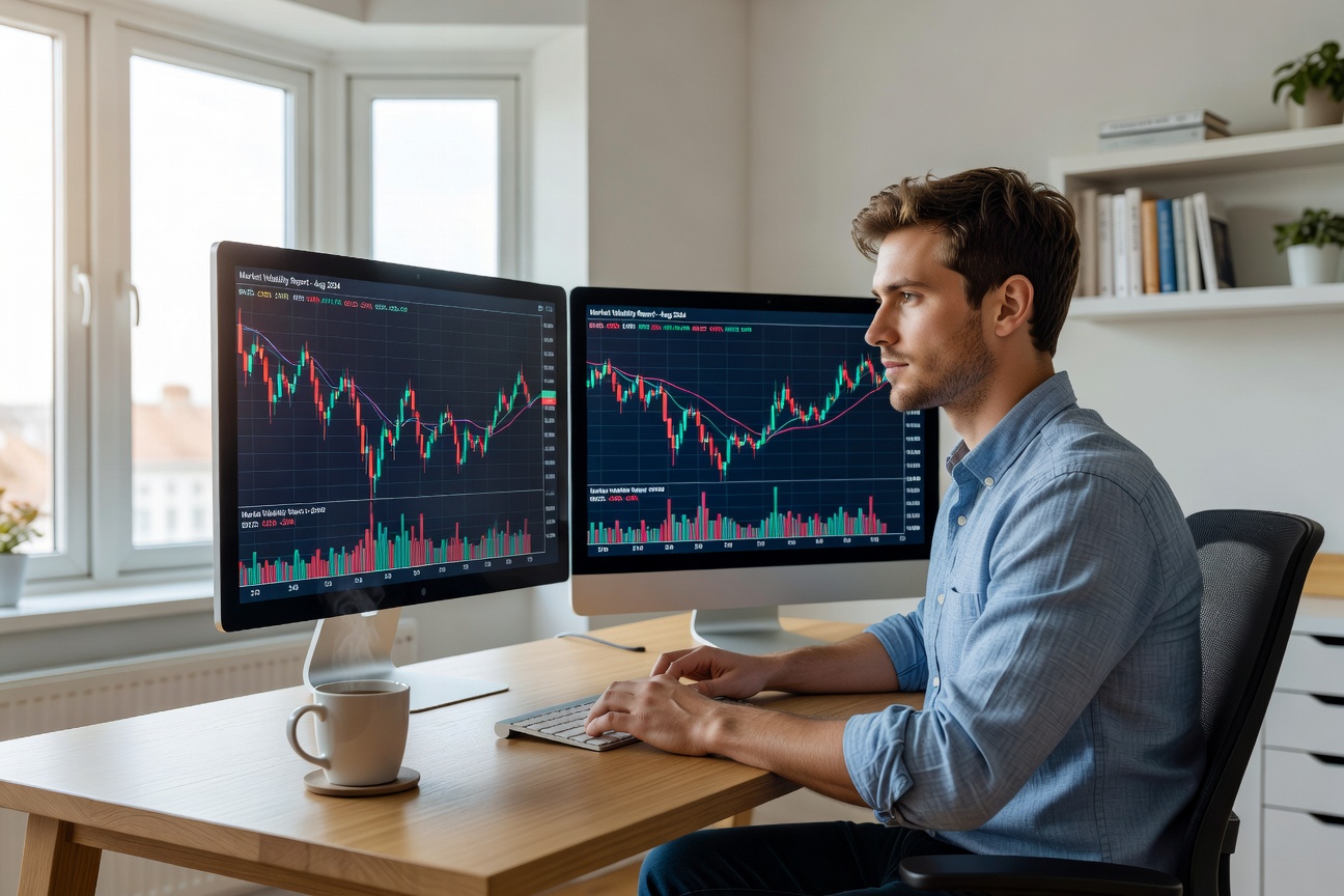 Young White investor calmly reviewing stock charts on a laptop amid market volatility graphs showing recovery