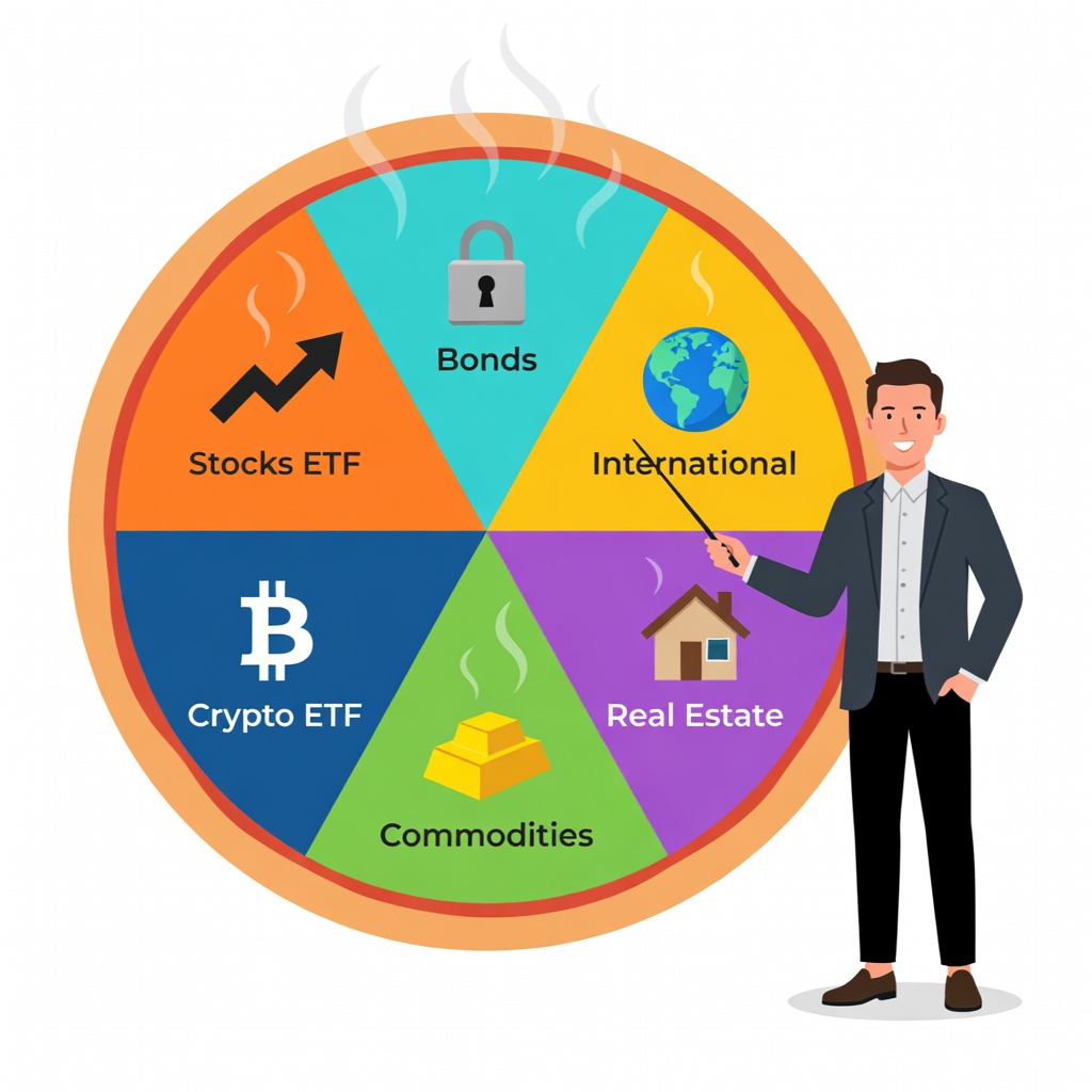 Pizza sliced into segments labeled stocks, bonds, ETFs, crypto, real estate, symbolizing a diversified portfolio