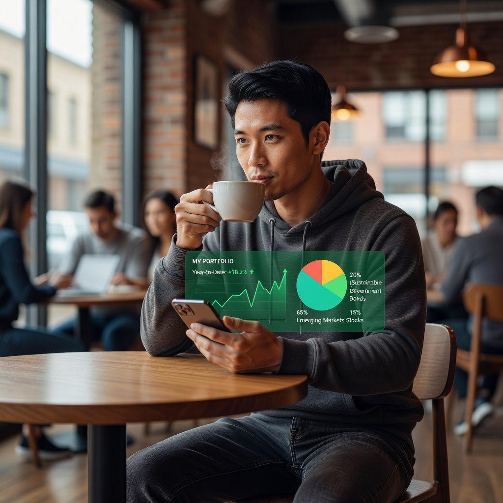Young Asian man using smartphone investing app in a cafe, screen showing ETF dashboard with green arrows