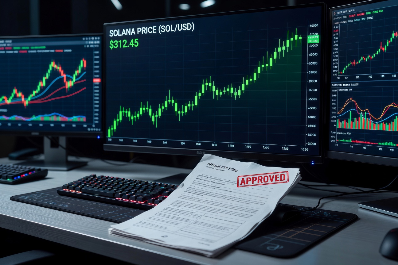 Solana price chart surging with ETF filing announcement overlay