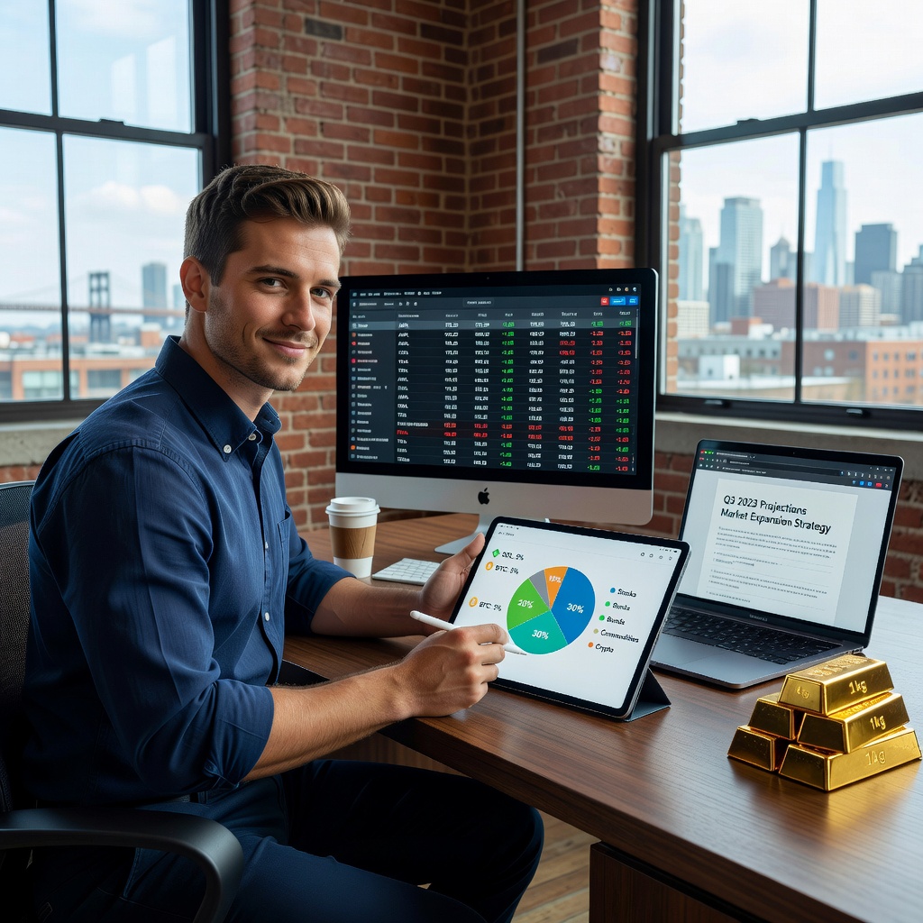 Diversified investment portfolio pie chart with crypto allocation for young investors