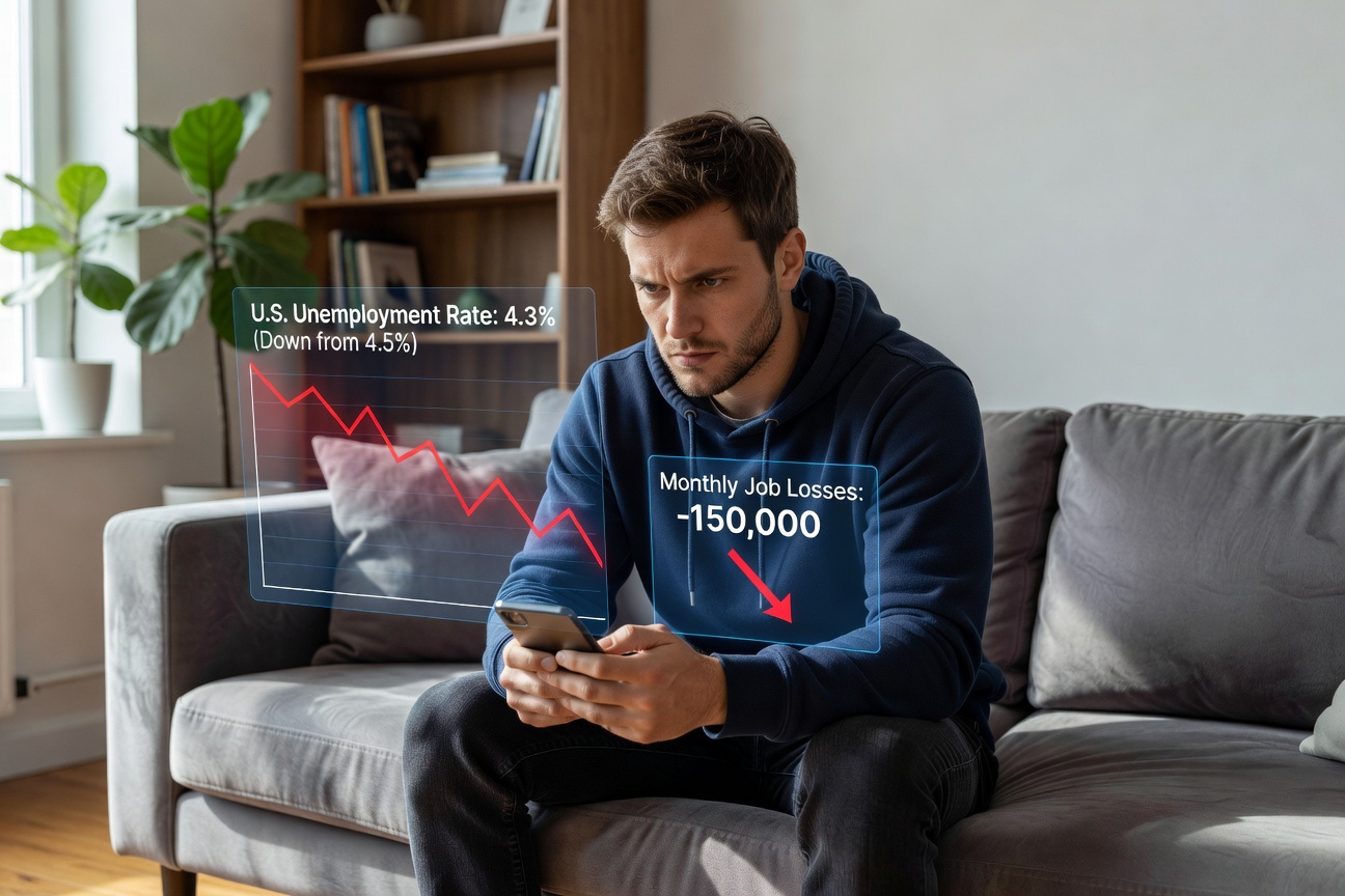 Young White man checking unemployment news on phone amid chaotic job market charts