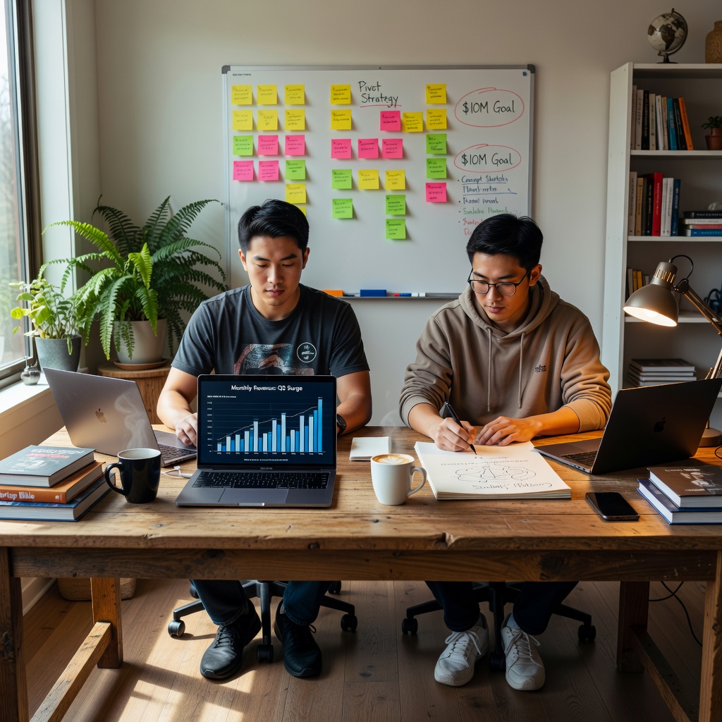 Young Asian entrepreneurs launching side hustle in home office with laptops and revenue charts